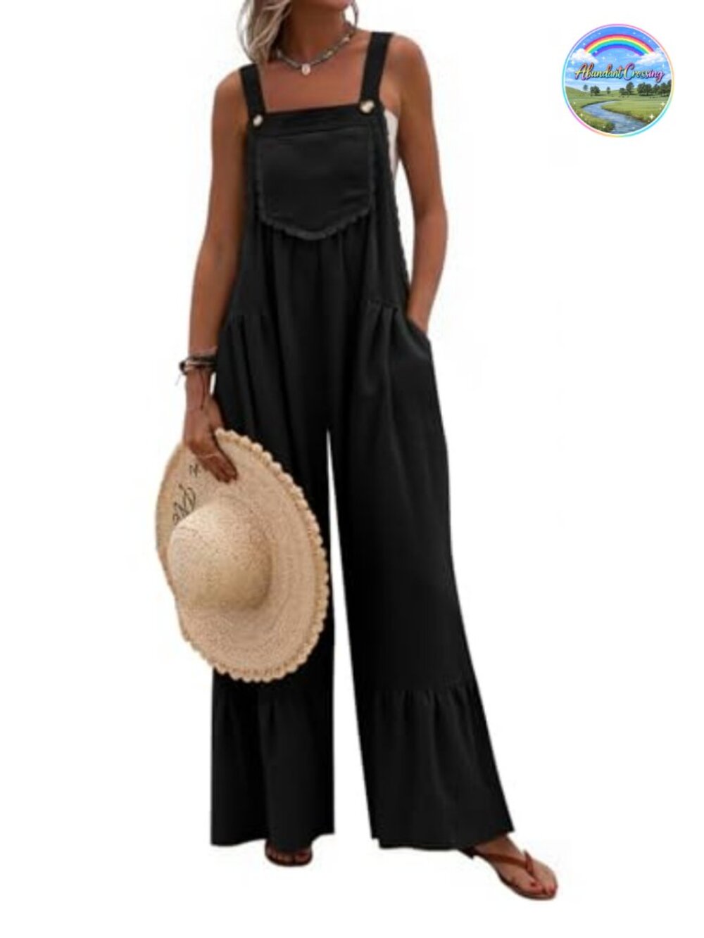 Women Lace Overalls Summer Jumpsuit Wide Leg Baggy Ruffle Romper with Pockets